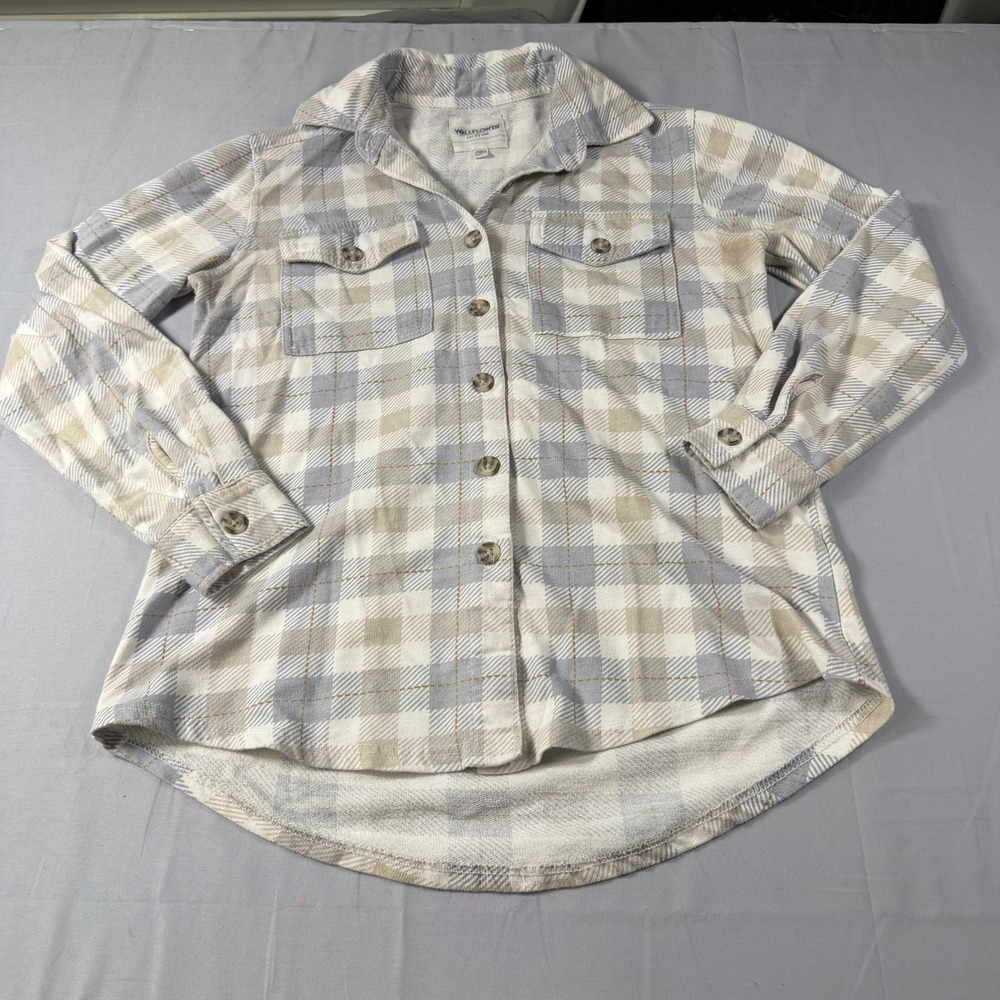 Wallflower Women Plaid French Terry Button Down Shacket Blue Cream Tan Size M